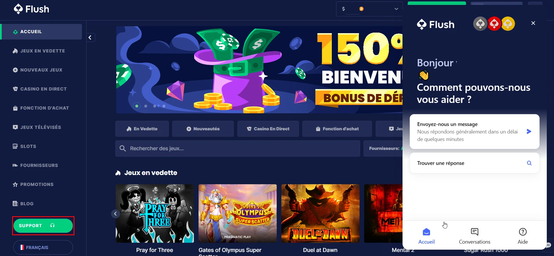 Le tchat en direct sur Flush Casino