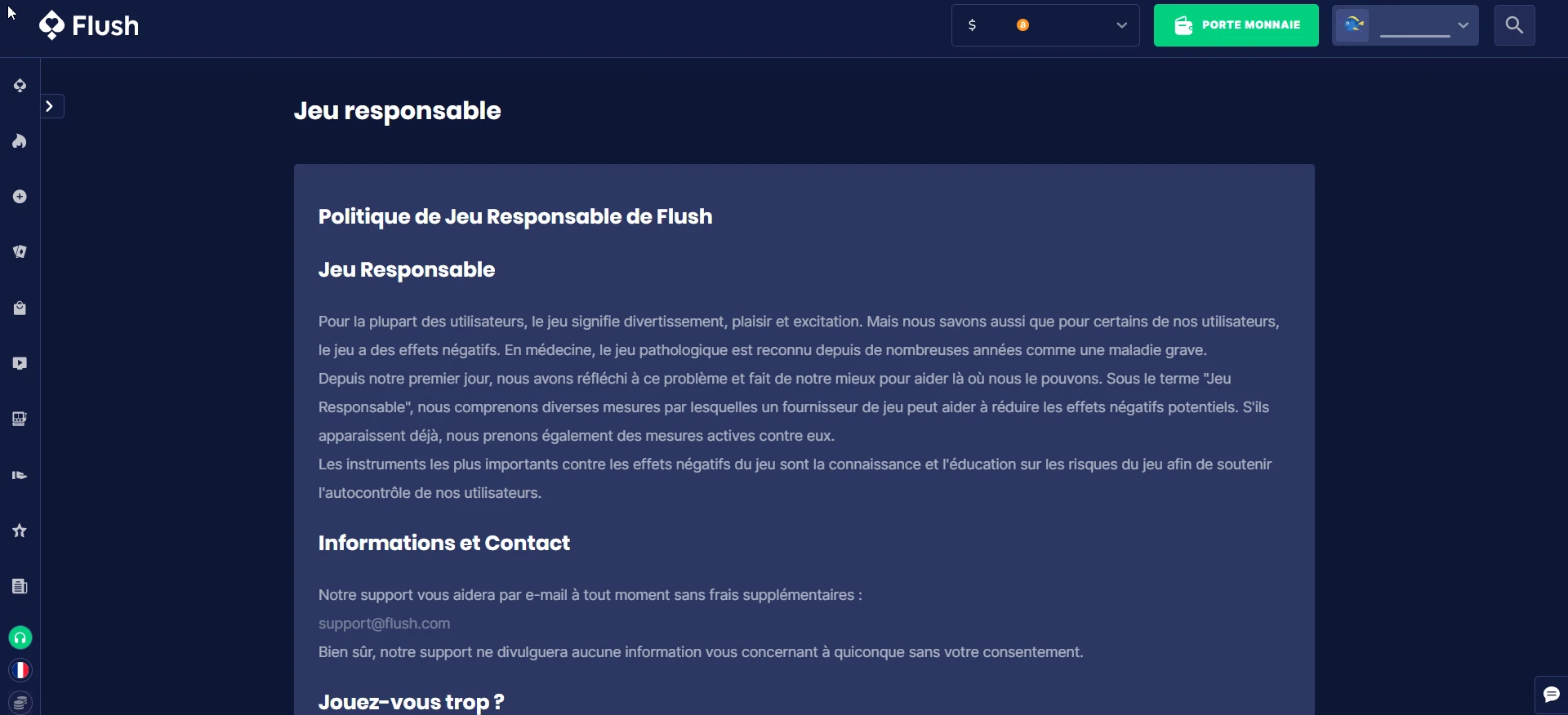 Le jeu responsable sur Flush Casino