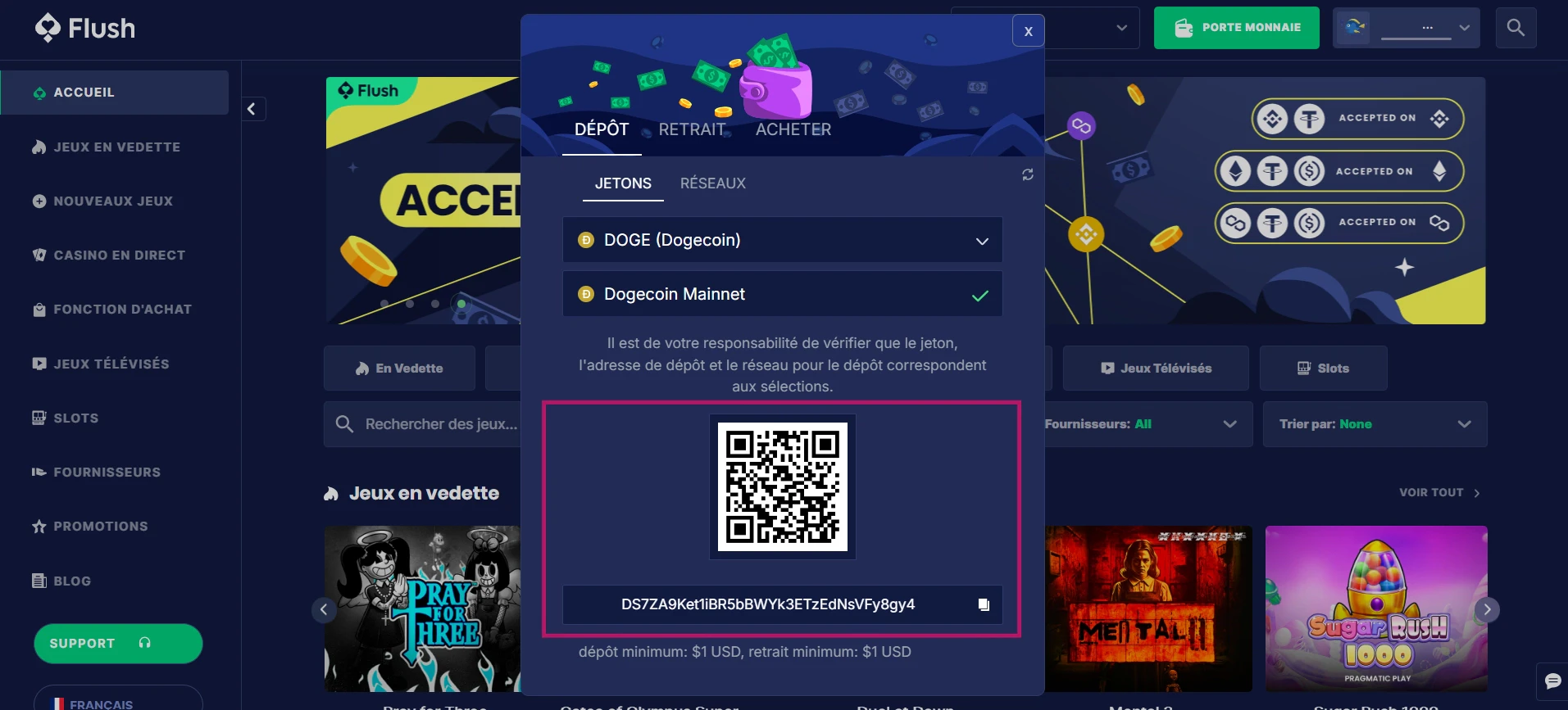 QR Code ou adresse pour les dépôts