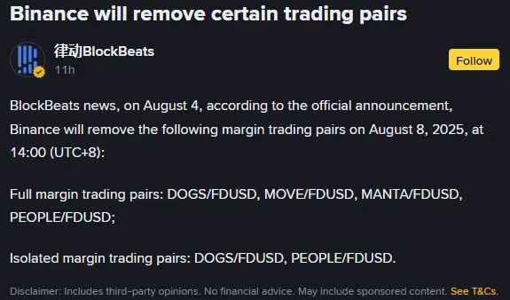 Liste des paires supprimées sur Binance