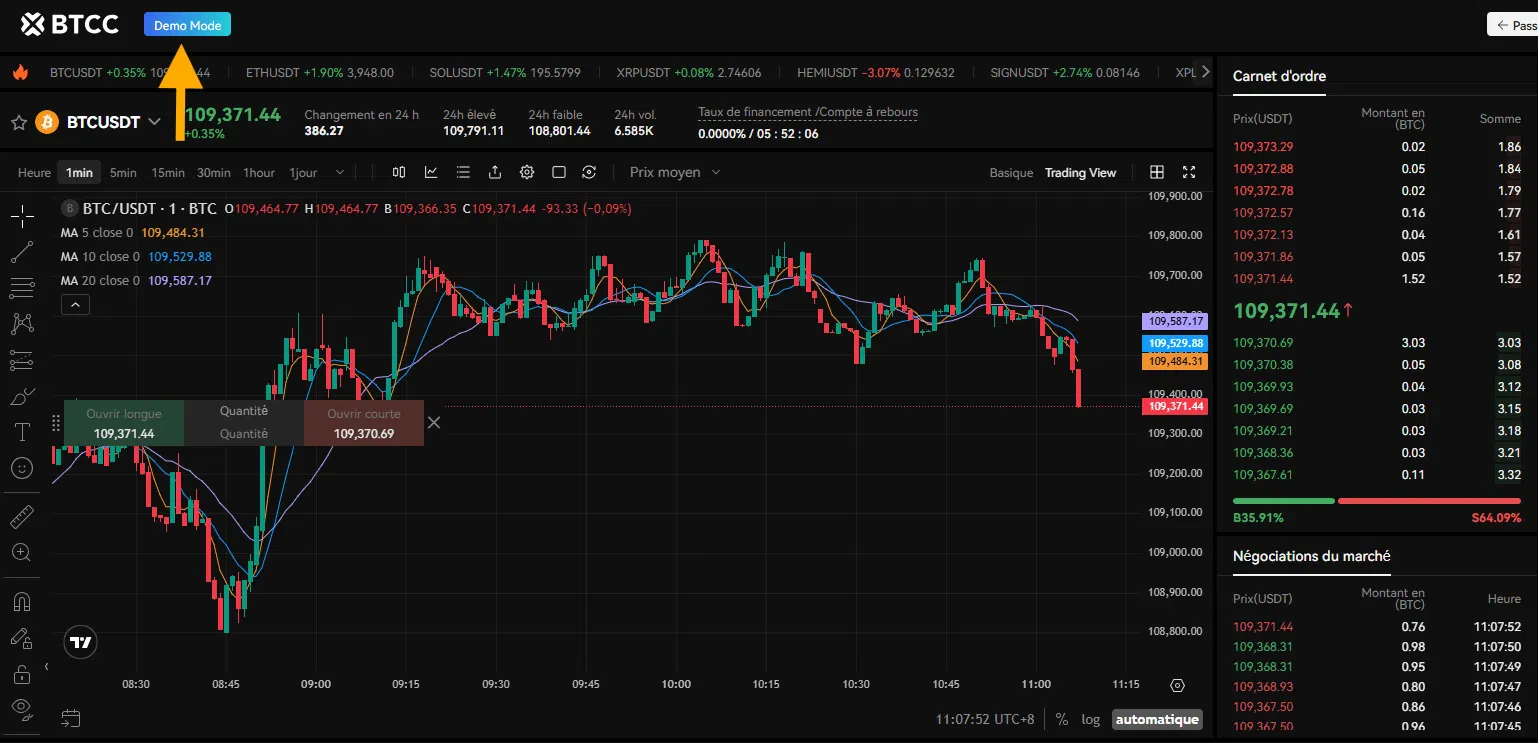 le mode démo sur btcc
