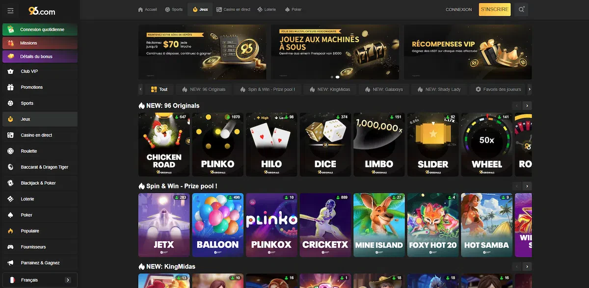 Page d'accueil du casino 96.com